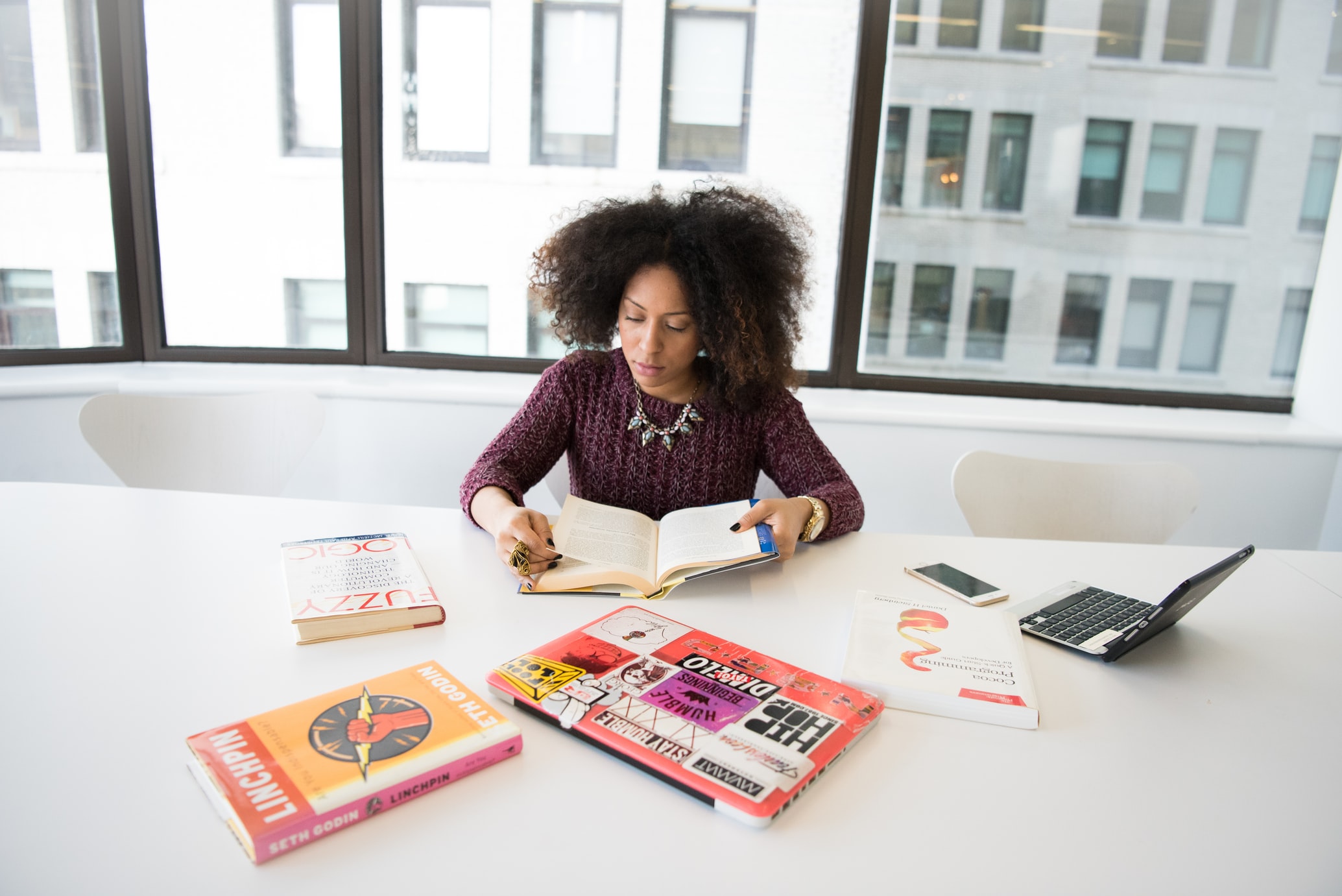 Woman sitting at a desk reading